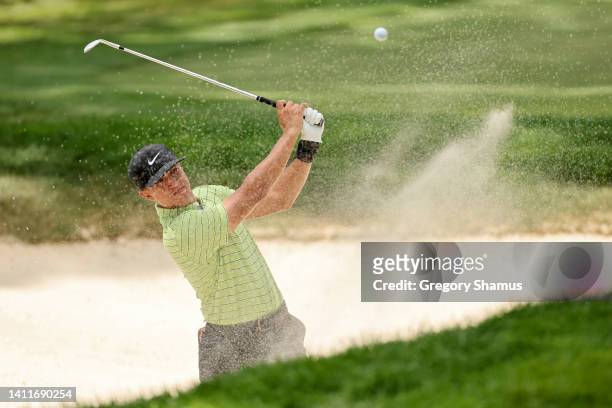 Cameron Champ of the United States plays his shot from the bunker on the eighth hole during the second round of the Rocket Mortgage Classic at...