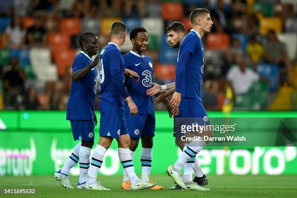 Raheem Sterling of Chelsea celebrates with teammates after scoring their team's second goal during the pre-season friendly between Chelsea and...