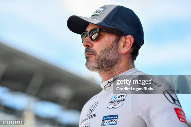 Jimmie Johnson, driver of the Carvana Chip Ganassi Racing Honda, looks on during practice for NTT IndyCar Series Gallagher Grand Prix at Indianapolis...