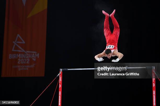 Giarnni Regini-Moran of Team England competes on horizontal bar during the Men's Team Final and Individual Artistic Gymnastic Qualification on day...