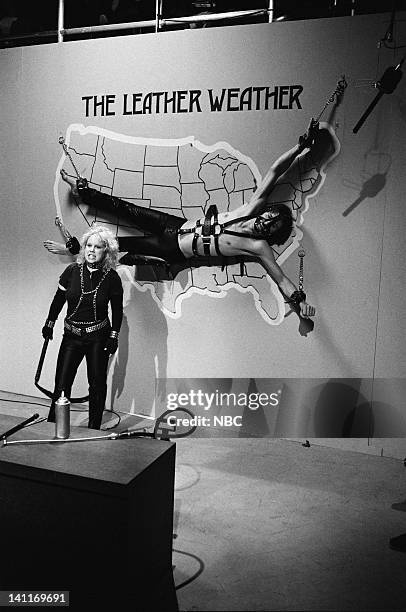 Episode 2 -- Pictured: Denny Dillon as Thelma Thunder, Charles Rocket as John during 'The Leather Weather Report' skit on November 22, 1980 -- Photo...