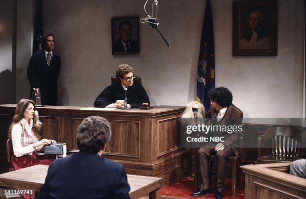 Episode 9 -- Pictured: Matthew Laurance as Bailiff, Joe Piscopo as Judge, Gilbert Gottfried as Jose Gomez during the 'Televised Trial' skit on...