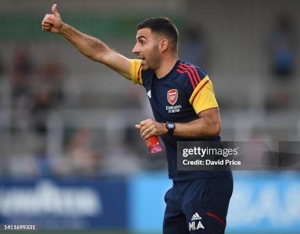 Mehmet Ali the Arsenal U21 Head Coach during the pre season friendly between Boreham Wood and Arsenal U21 at Meadow Park on July 29, 2022 in...