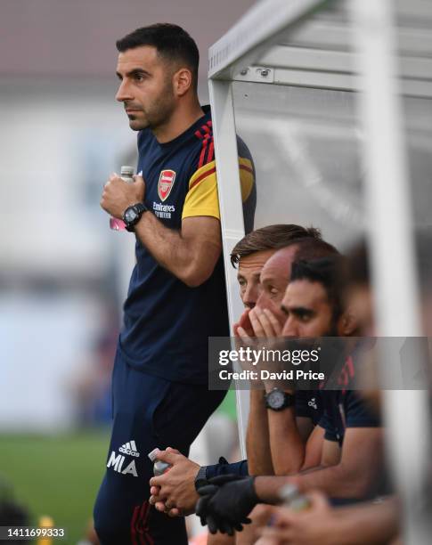 Mehmet Ali the Arsenal U21 Head Coach during the pre season friendly between Boreham Wood and Arsenal U21 at Meadow Park on July 29, 2022 in...