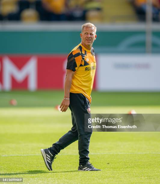 Head coach Markus Anfang of Dresden reacts prior the DFB Cup first round match between Dynamo Dresden and VfB Stuttgart at Rudolf-Harbig-Stadion on...
