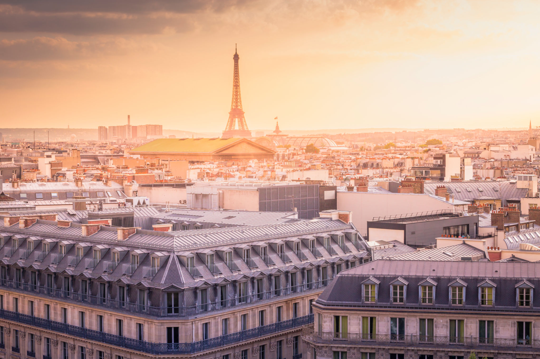 Eiffel tower view from Opera Garnier at sunset from above, Paris, France Eiffel tower view from Opera Garnier at sunset from above, Paris, France