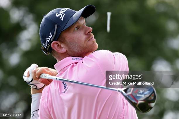 Jared Wolfe of the United States plays his shot from the 18th tee during the second round of the Rocket Mortgage Classic at Detroit Golf Club on July...