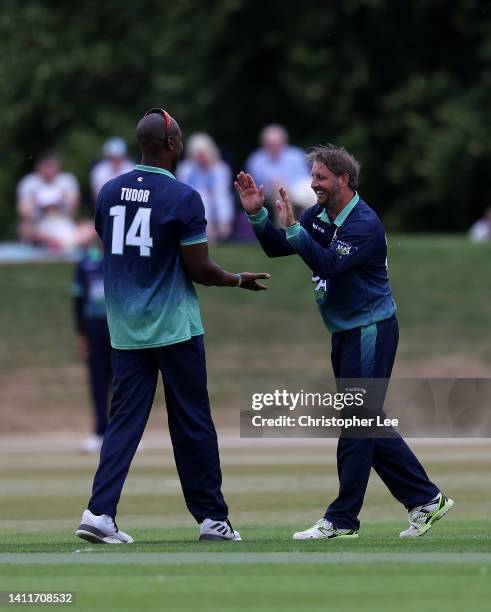 Phil Mustard and Alex Tudor celebrate a wicket during the PCA Festival of Cricket at Wormsley Cricket Ground on July 29, 2022 in High Wycombe,...