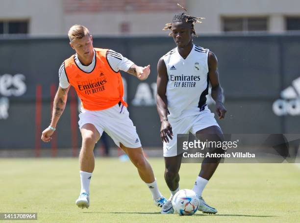 Eduardo Camavinga, player of Real Madrid, is training with his teammates at UCLA Campus on July 29, 2022 in Los Angeles, California.
