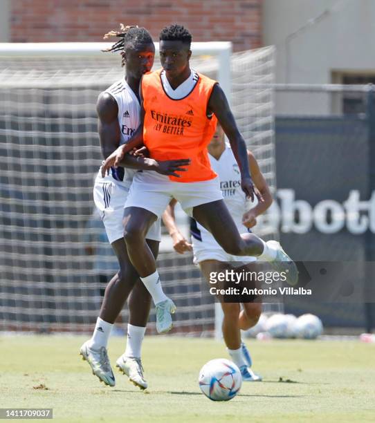 Vini Jr., player of Real Madrid, is training with his teammates at UCLA Campus on July 29, 2022 in Los Angeles, California.