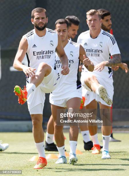 Nacho Fernández, player of Real Madrid, is training with his teammates at UCLA Campus on July 29, 2022 in Los Angeles, California.