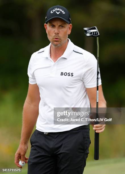 Henrik Stenson of Majesticks GC reacts to making birdie on the 14th green during day one of the LIV Golf Invitational - Bedminster at Trump National...