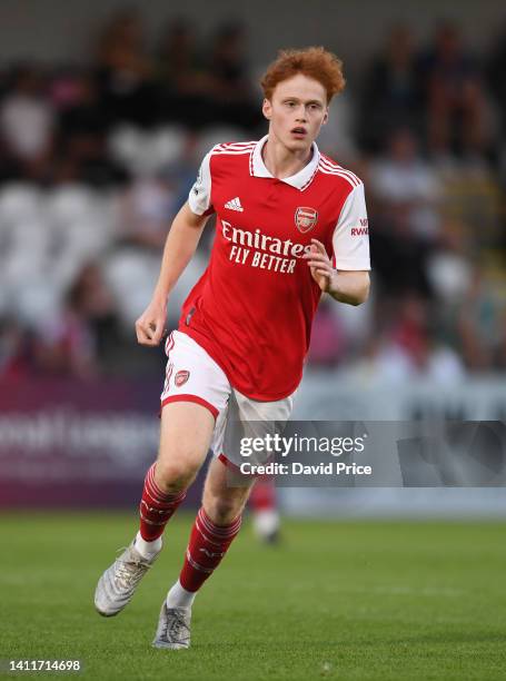 Henry Jeffcott of Arsenal during the pre season friendly between Boreham Wood and Arsenal U21 at Meadow Park on JULY 29, 2022 in Borehamwood, England.