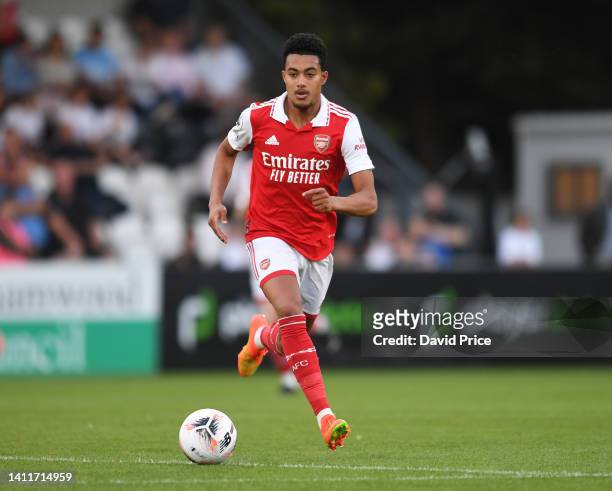 Miguel Azeez of Arsenal during the pre season friendly between Boreham Wood and Arsenal U21 at Meadow Park on JULY 29, 2022 in Borehamwood, England.
