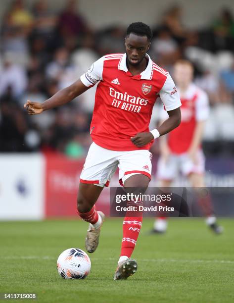 James Olayinka of Arsenal during the pre season friendly between Boreham Wood and Arsenal U21 at Meadow Park on JULY 29, 2022 in Borehamwood, England.