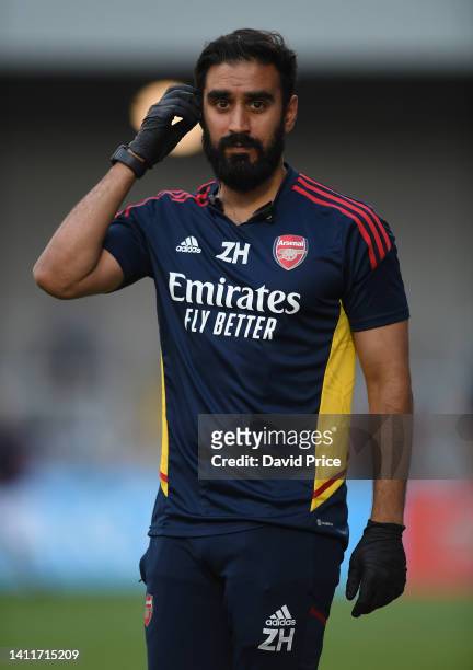 Zubair Haleem Arsenal Academy Physio during the pre season friendly between Boreham Wood and Arsenal U21 at Meadow Park on JULY 29, 2022 in...