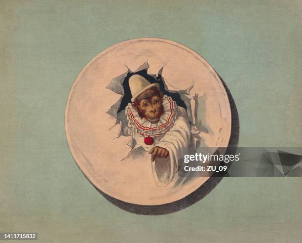 monkey clown, chromolithograph, published ca. 1898 - clown stock illustrations