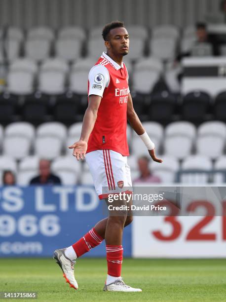 Zach Awe of Arsenal during the pre season friendly between Boreham Wood and Arsenal U21 at Meadow Park on JULY 29, 2022 in Borehamwood, England.