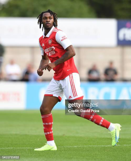 Zane Monlouis of Arsenal during the pre season friendly between Boreham Wood and Arsenal U21 at Meadow Park on JULY 29, 2022 in Borehamwood, England.