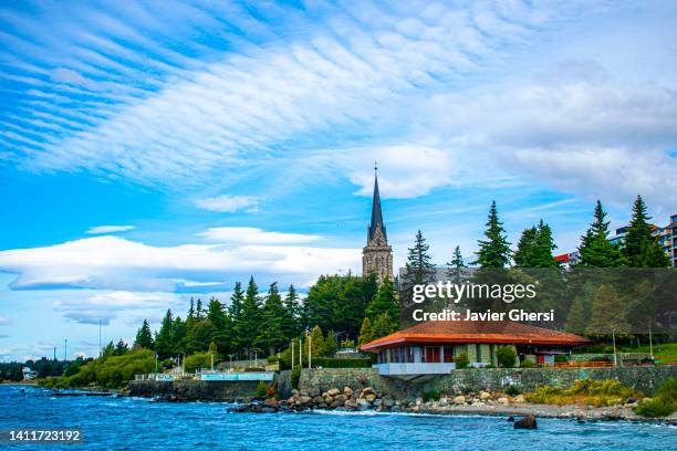 our lady of nahuel huapi cathedral and lake nahuel huapi. bariloche, rio negro, argentina. - bariloche fotografías e imágenes de stock