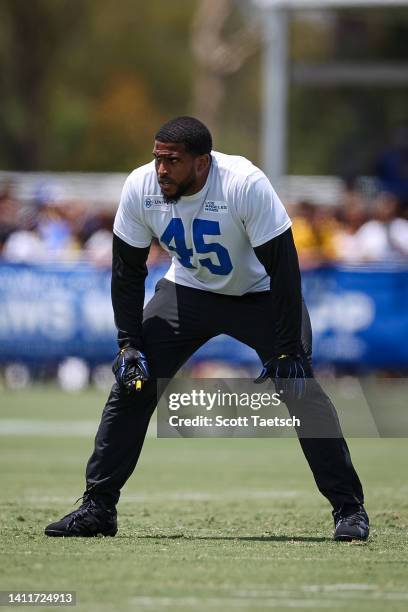 Bobby Wagner of the Los Angeles Rams participates in a drill during training camp at University of California Irvine on July 29, 2022 in Irvine,...