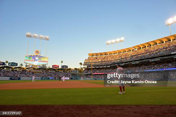 General view of the field at Dodger Stadium during the game between the Los Angeles Dodgers and the Washington Nationals on July 26, 2022 in Los...