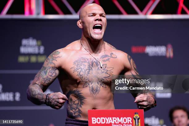 Anthony Smith poses on the scale during the UFC 277 ceremonial weigh-in at American Airlines Center on July 29, 2022 in Dallas, Texas.