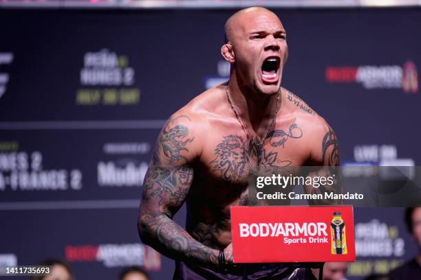 Anthony Smith poses on the scale during the UFC 277 ceremonial weigh-in at American Airlines Center on July 29, 2022 in Dallas, Texas.