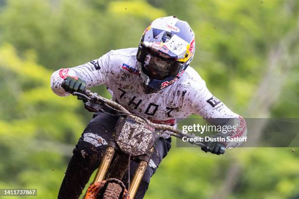 Aaron Gwin of the United States competes during the men's qualifying run for the UCI Mountain Bike World Cup downhill on July 29, 2022 in Snowshoe,...