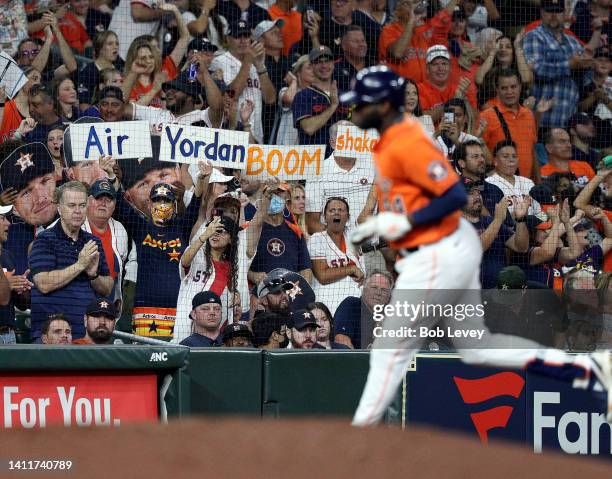 Yordan Alvarez of the Houston Astros hits a home run in the sixth inning against the Seattle Mariners at Minute Maid Park on July 29, 2022 in...