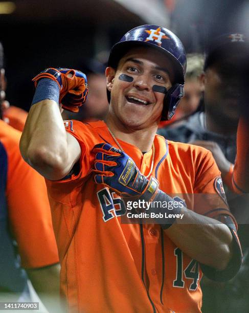 Mauricio Dubon of the Houston Astros hits a two run home run in the sixth inning against the Seattle Mariners at Minute Maid Park on July 29, 2022 in...