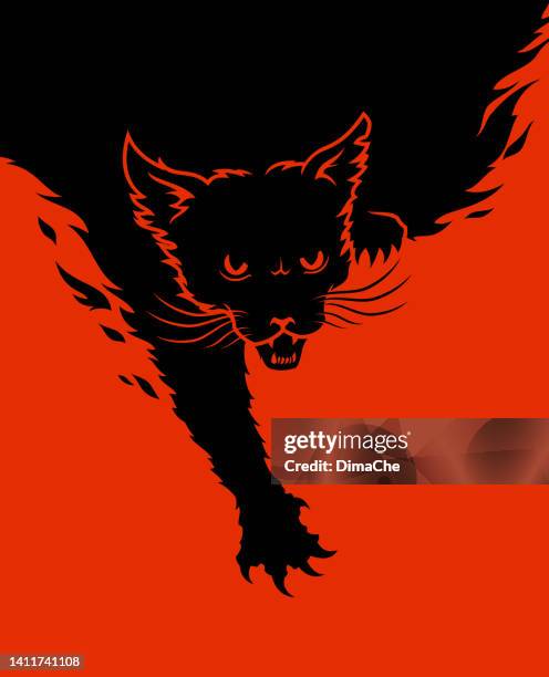 katze und feuer schneiden silhouette aus - holzfeuer stock-grafiken, -clipart, -cartoons und -symbole