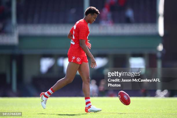 Joel Amartey of the Swans warms up ahead of the round 20 AFL match between the Sydney Swans and the Greater Western Sydney Giants at Sydney Cricket...