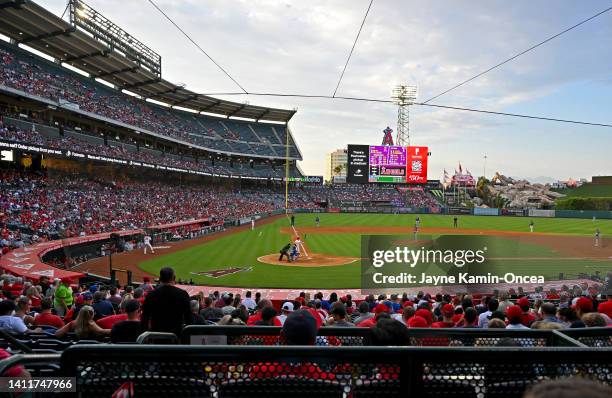 General view of Angel Stadium of Anaheim during the game between the Los Angeles Angels and the Texas Rangers on July 28, 2022 in Anaheim, California.