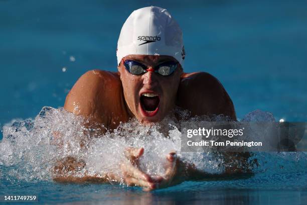 Josh Matheny swims in the Men's 100 LC Breaststroke Final on Day 4 during the 2022 Phillips 66 National Championships on July 29, 2022 in Irvine,...