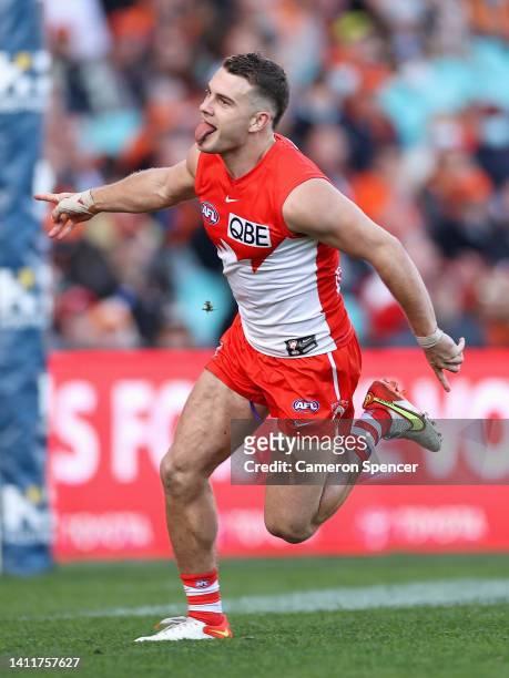 Tom Papley of the Swans celebrates kicking a goal during the round 20 AFL match between the Sydney Swans and the Greater Western Sydney Giants at...