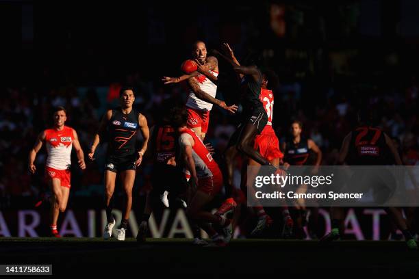 Lance Franklin of the Swans contests the ball during the round 20 AFL match between the Sydney Swans and the Greater Western Sydney Giants at Sydney...