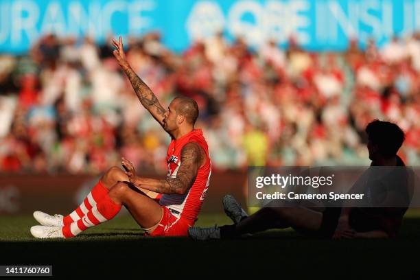 Lance Franklin of the Swans celebrates kicking a goal during the round 20 AFL match between the Sydney Swans and the Greater Western Sydney Giants at...