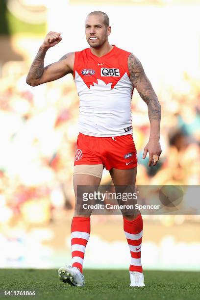 Lance Franklin of the Swans celebrates kicking a goal during the round 20 AFL match between the Sydney Swans and the Greater Western Sydney Giants at...