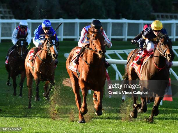 Billy Egan riding Jimmy The Bear winning Race 7, the Ladbrokes Handicap, during Melbourne Racing at Moonee Valley Racecourse on July 30, 2022 in...