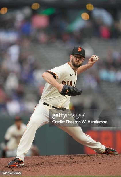 Alex Wood of the San Francisco Giants pitches against the Chicago Cubs in the top of the first inning at Oracle Park on July 28, 2022 in San...