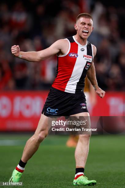 Sebastian Ross of the Saints celebrates a goal during the round 20 AFL match between the St Kilda Saints and the Hawthorn Hawks at Marvel Stadium on...