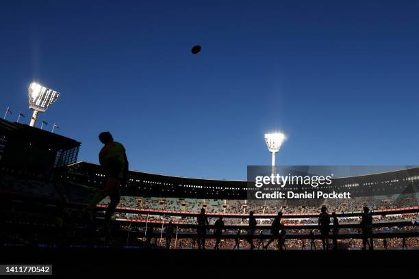 General view as the boundary umpire throws in the ball during the round 20 AFL match between the Collingwood Magpies and the Port Adelaide Power at...