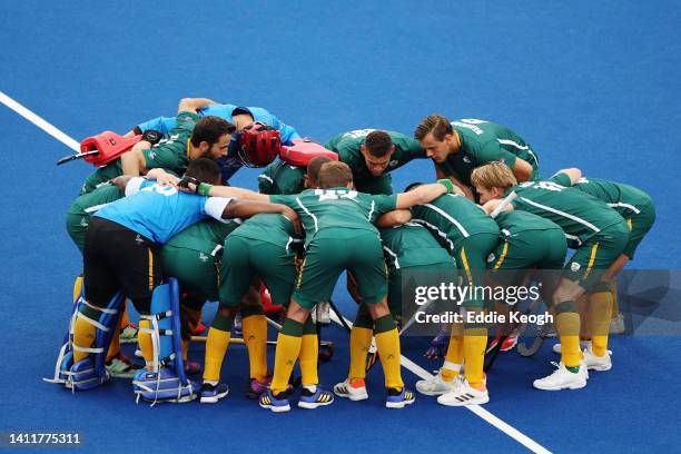 Team South Africa huddle during the Men's Hockey Pool A match between South Africa and Pakistan on day two of the Birmingham 2022 Commonwealth Games...