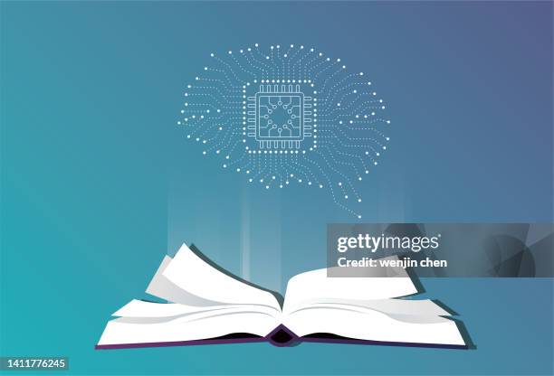 books and human brain chips, intelligent ai - handbook stock illustrations