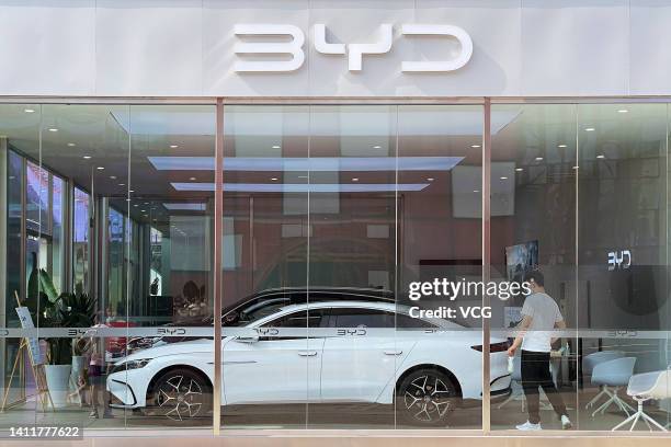 Han electric sedan is displayed for sale at a BYD showroom on July 24, 2022 in Beijing, China.