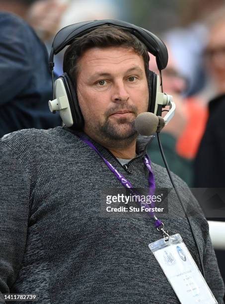 Former England and Durham Cricketer Stephen Harmison on Talksport radio broadcasting duty during the Pre Season friendly match between Newcastle...
