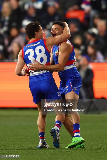 Jason Johannisen of the Bulldogs celebrates kicking a goal during the round 20 AFL match between the Geelong Cats and the Western Bulldogs at GMHBA...