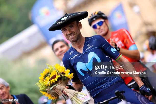 Alejandro Valverde Belmonte of Spain and Movistar Team wearing a Txapela hat prior to the 42nd Donostia San Sebastian Klasikoa 2022 - Men's Elite a...