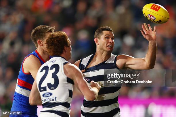Tom Hawkins of the Cats reaches for the ball during the round 20 AFL match between the Geelong Cats and the Western Bulldogs at GMHBA Stadium on July...